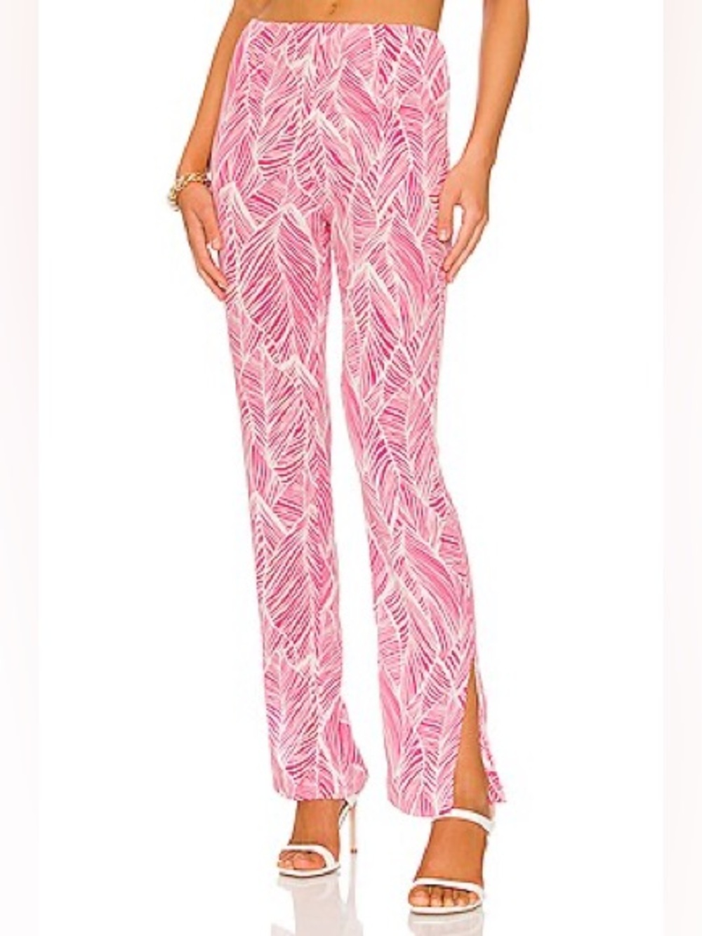 Lovers and Friends Revolve Makena Fuchsia Leaf Print Pants XS Pink Ankle Slit - Picture 2 of 13